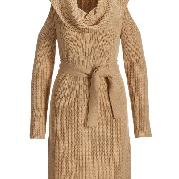 Cold Shoulder Lurex Cowl Neck Sweater Dress Gold color Size XL - Picture 2 of 3